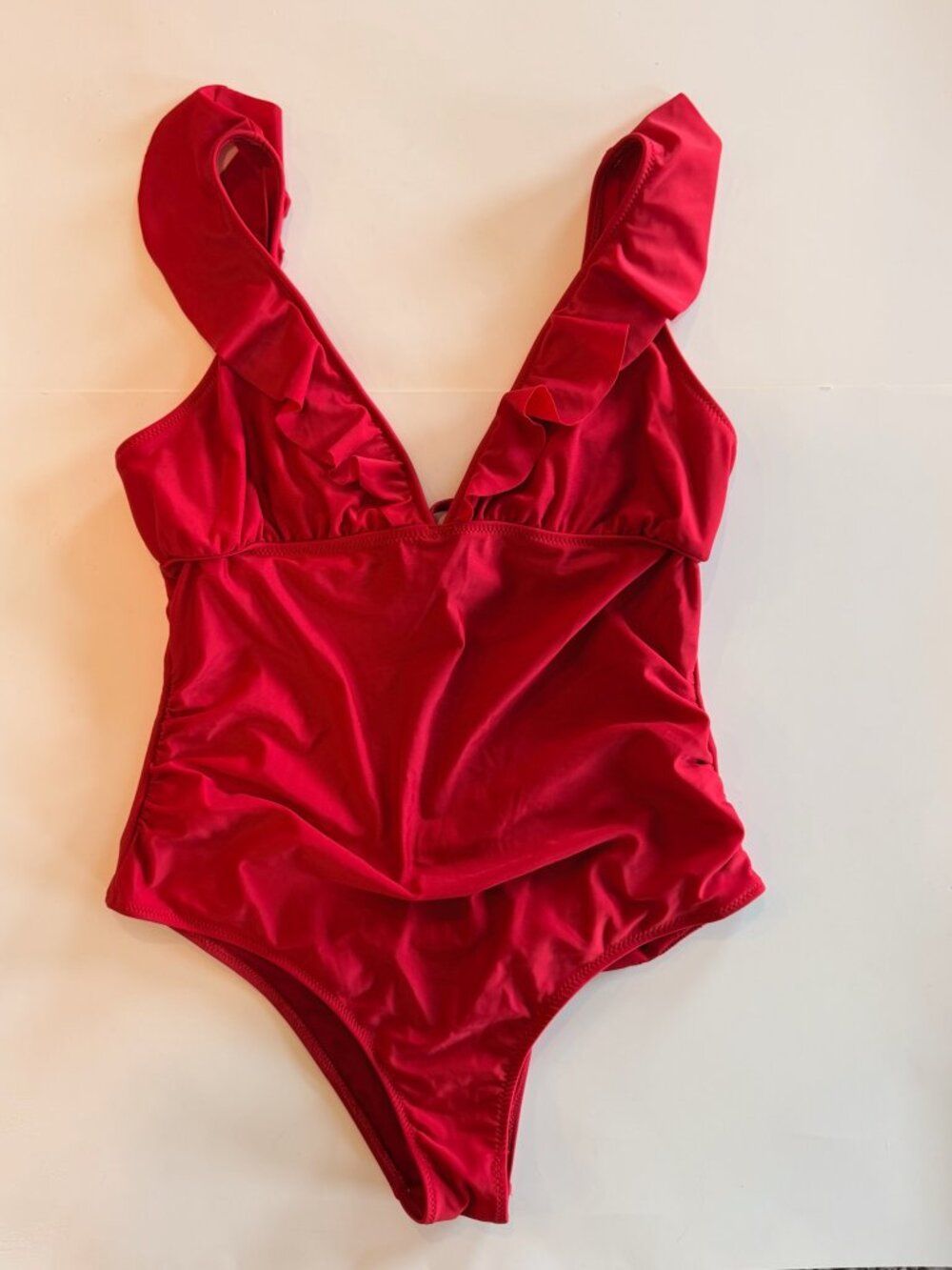 Vibrant Red One Piece Swimsuit Deep V Ruffle Lace Up Open Back Monokini XL